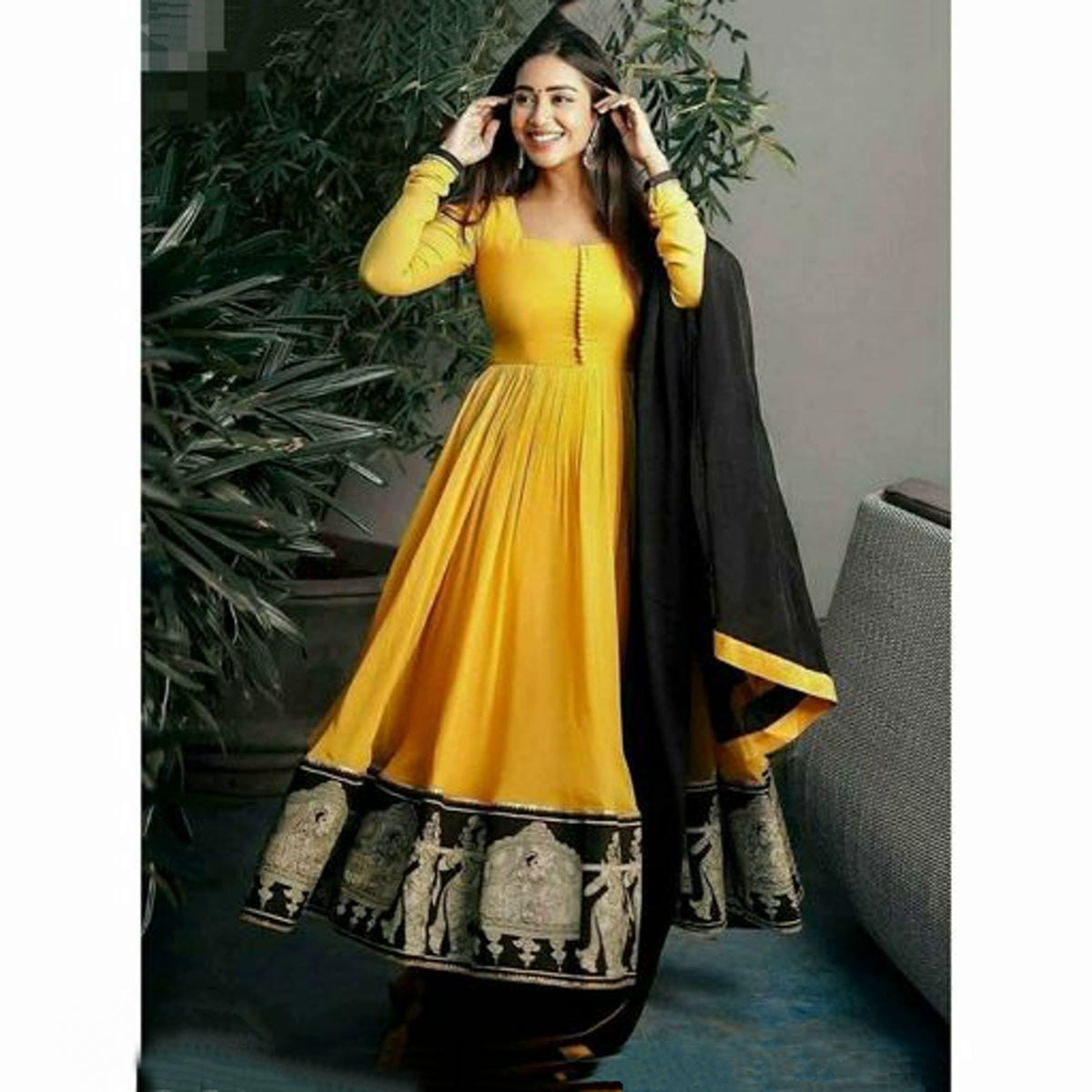 Women s Gorgeous Yellow Anarkali Kurta with Dupatta