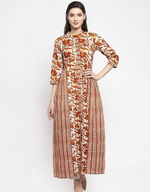 Cotton Brown Abstract A-line Kurta Set