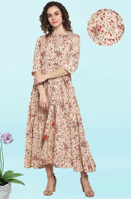 Women's Peach Pure Cotton Ethnic Dress