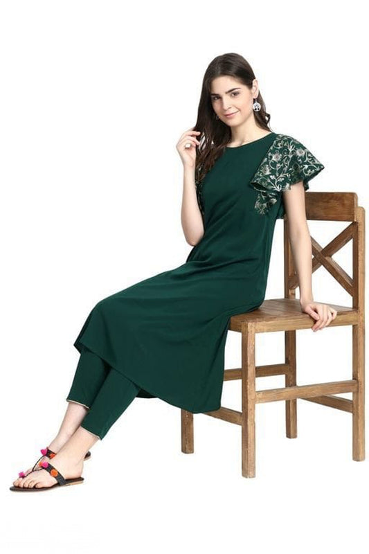 Women's Bottle Green Printed Crepe Kurta