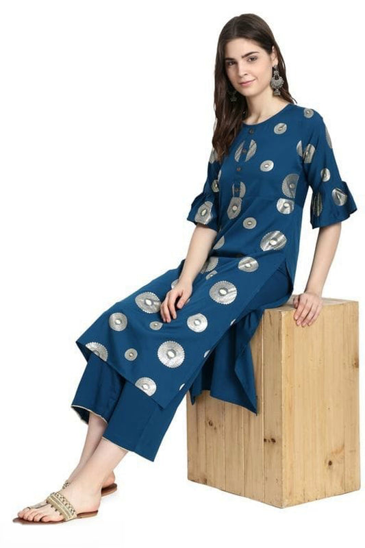 Women's Blue Printed Crepe Kurta