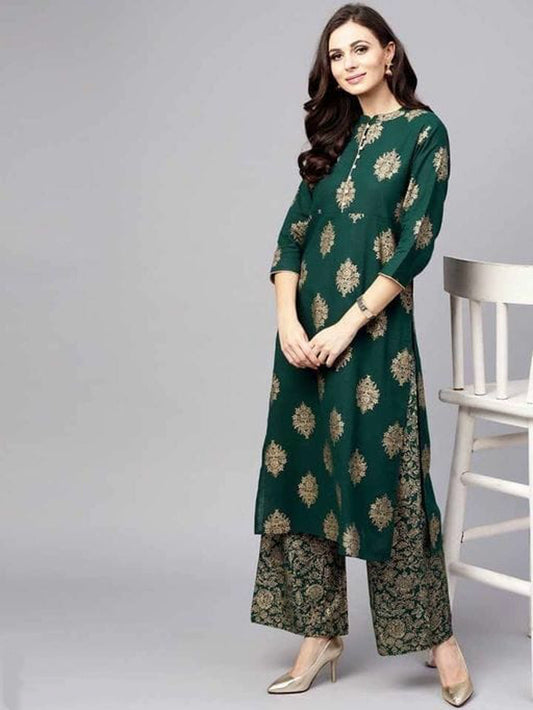 Floral  Green and Golden Printed Kurta Set