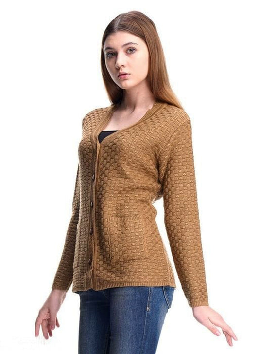 Women Brown Self Design Front-Open Sweater