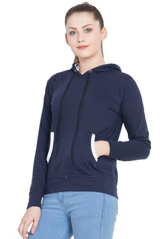 Women Navy Blue Solid Hooded Sweatshirt