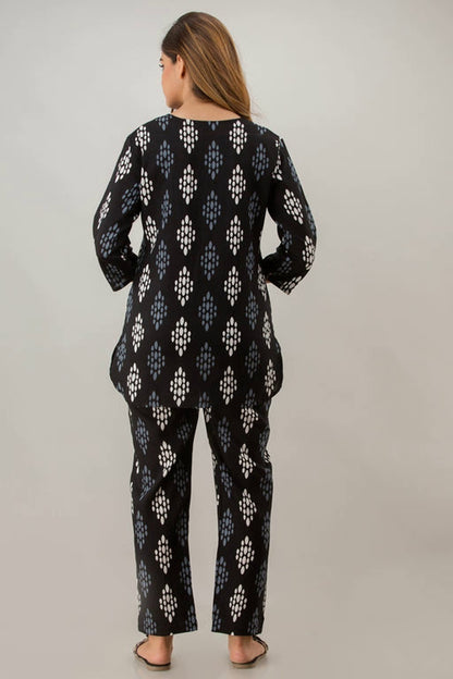 Women's Black Block Printed Cotton Lounge Wear Set