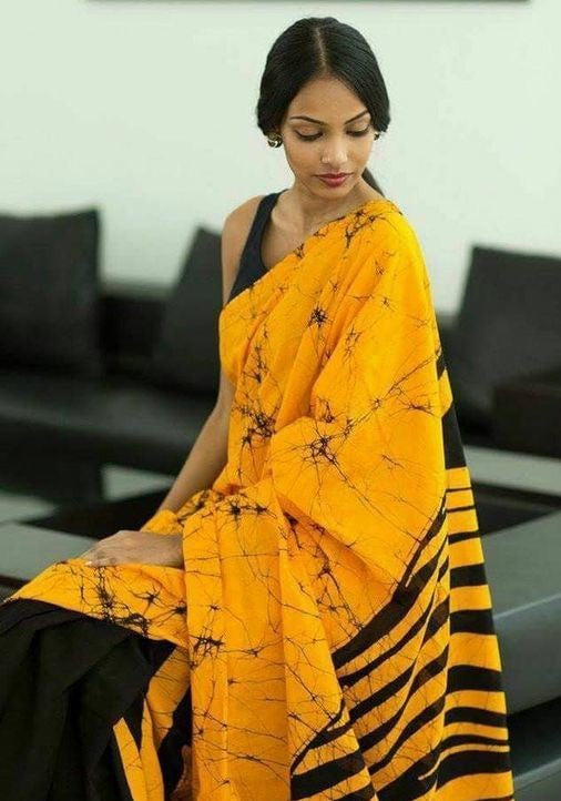 Solid Yellow Cotton Printed Saree