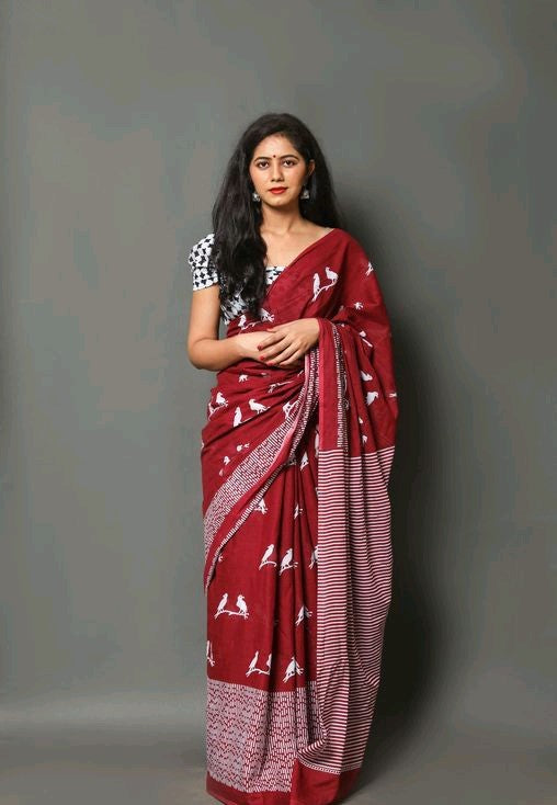 Floral and Fauna Printed Cotton Saree