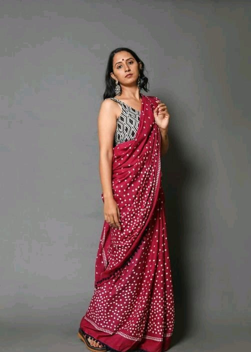 Maroon Polka Dot Printed Saree