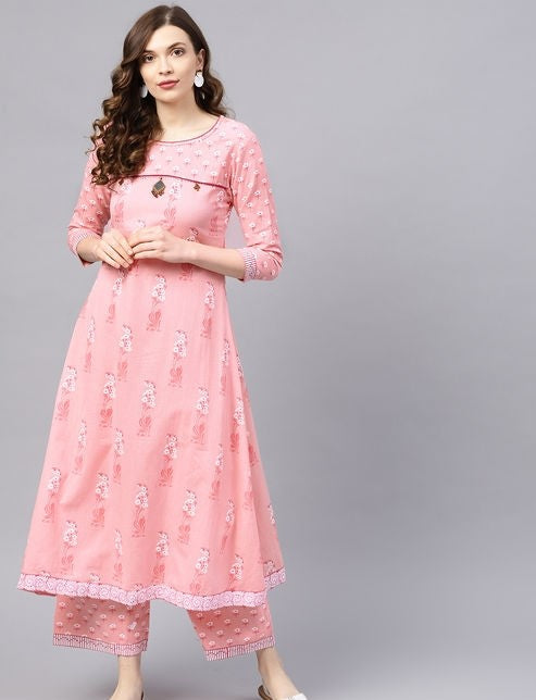 Women's Printed Peach Cotton Kurta Set with Palazzos